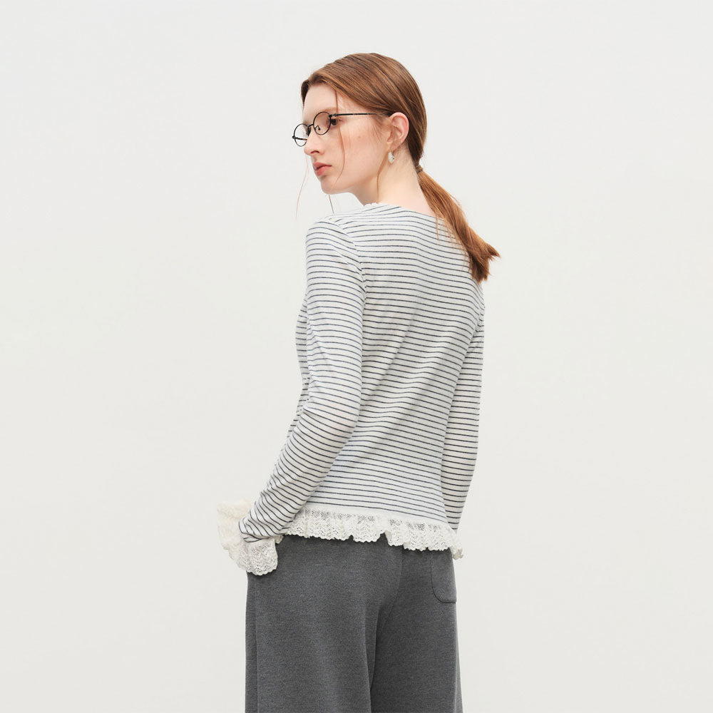 Striped Knit T-Shirt Lace Detail