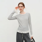 Striped Knit T-Shirt Lace Detail