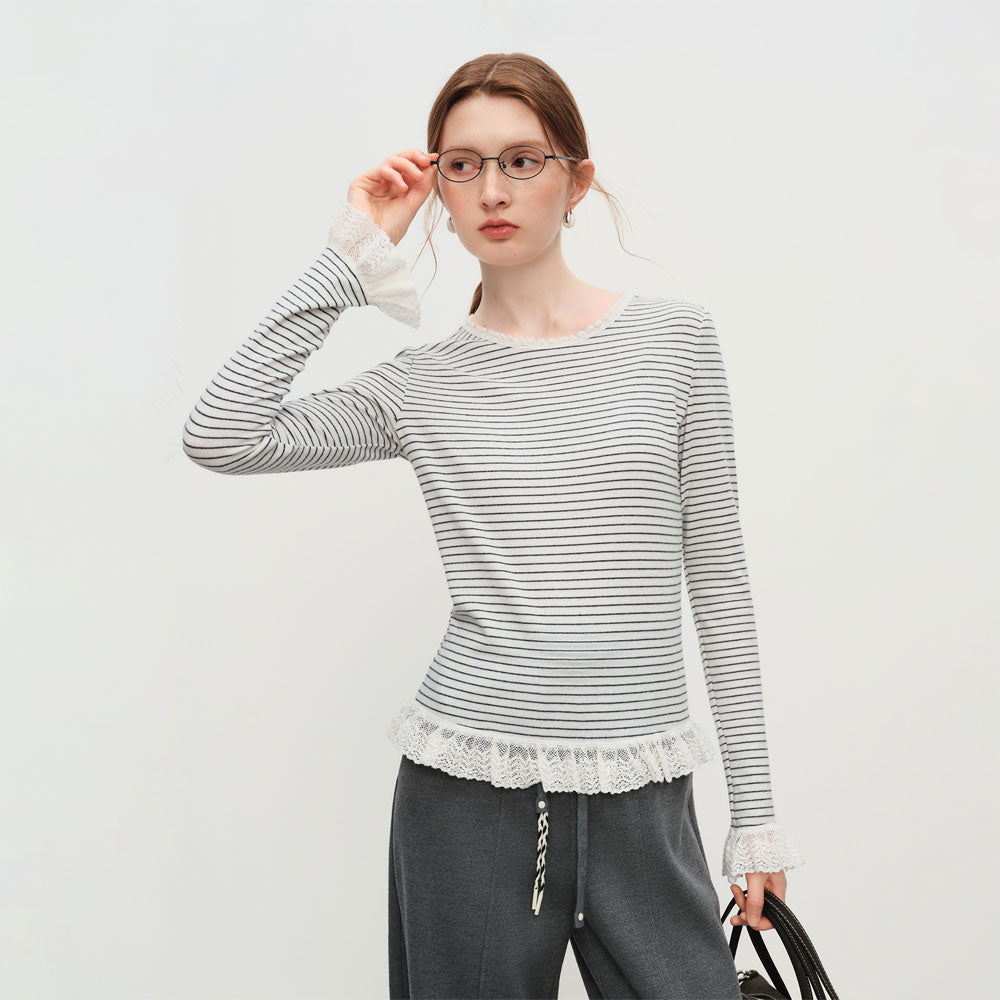 Striped Knit T-Shirt Lace Detail