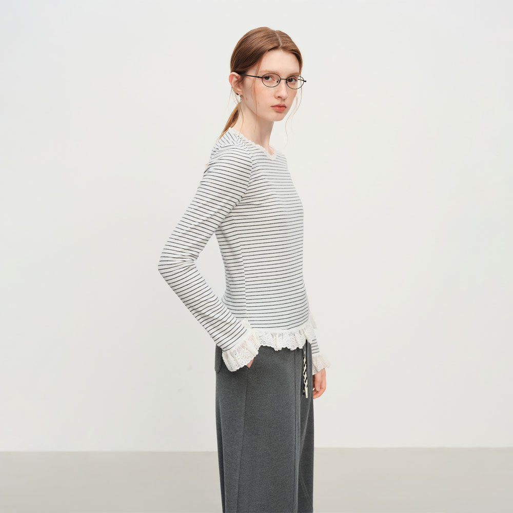 Striped Knit T-Shirt Lace Detail