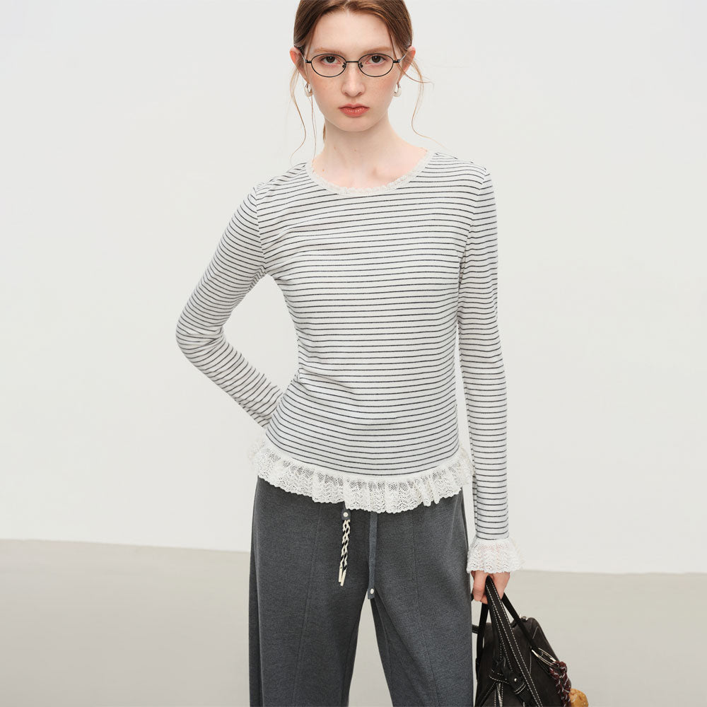 Striped Knit T-Shirt Lace Detail